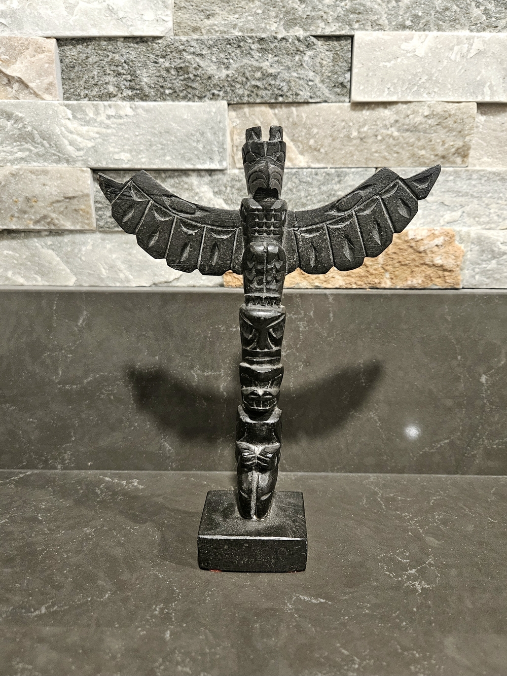 Hand-Carved Black Totem Pole Sculpture Signed by Artist